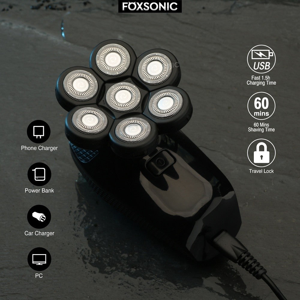FOXSONIC-Afeitadora para hombre 7D independiente, 7 cortadores, cabezal flotante, maquinilla de afeitar eléctrica resistente al agua, recortadora de barba para hombre