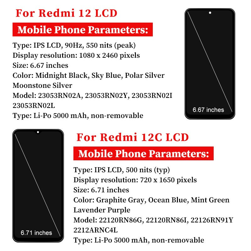 Choice ForXiaomi Redmi 12C LCD 22120RN86G pantalla Poco C55 Digitalizador de pantalla táctil para REDMI 12 LCD 22127PC95I piezas de repuesto