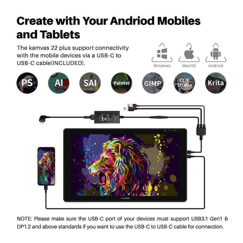 Monitor de tableta gráfica Huion de 21,5 pulgadas Kamvas 22 con 120%~140% sRGB, tableta de dibujo compatible con Linux, MacOS, Laotop, Android, USB3.1