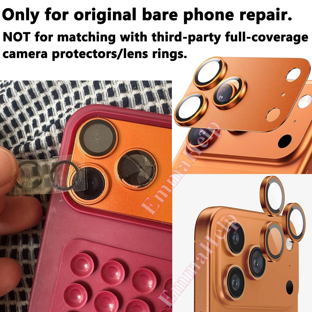 EmmaHelp Juego de 10 cristales de repuesto para cámara trasera de iPhone 15 14 13 XR X XS SE 7 8 11 12 Pro Max, cubierta de lente de cámara trasera, adhesivo de repuesto A+