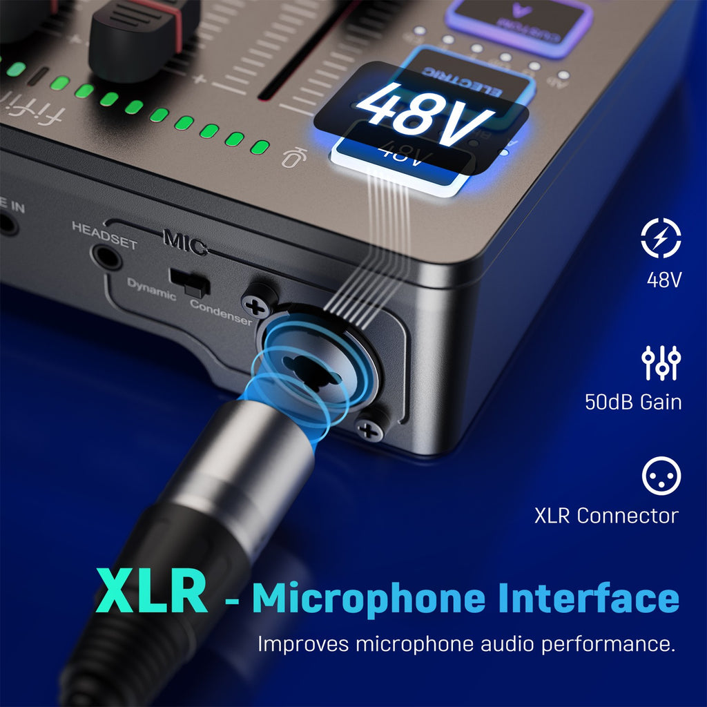 FIFINE mezclador de Audio para juegos, mezclador de transmisión de 4 canales RGB con interfaz de micrófono XLR, para voz de juego, Podcast,AmpliGame SC3