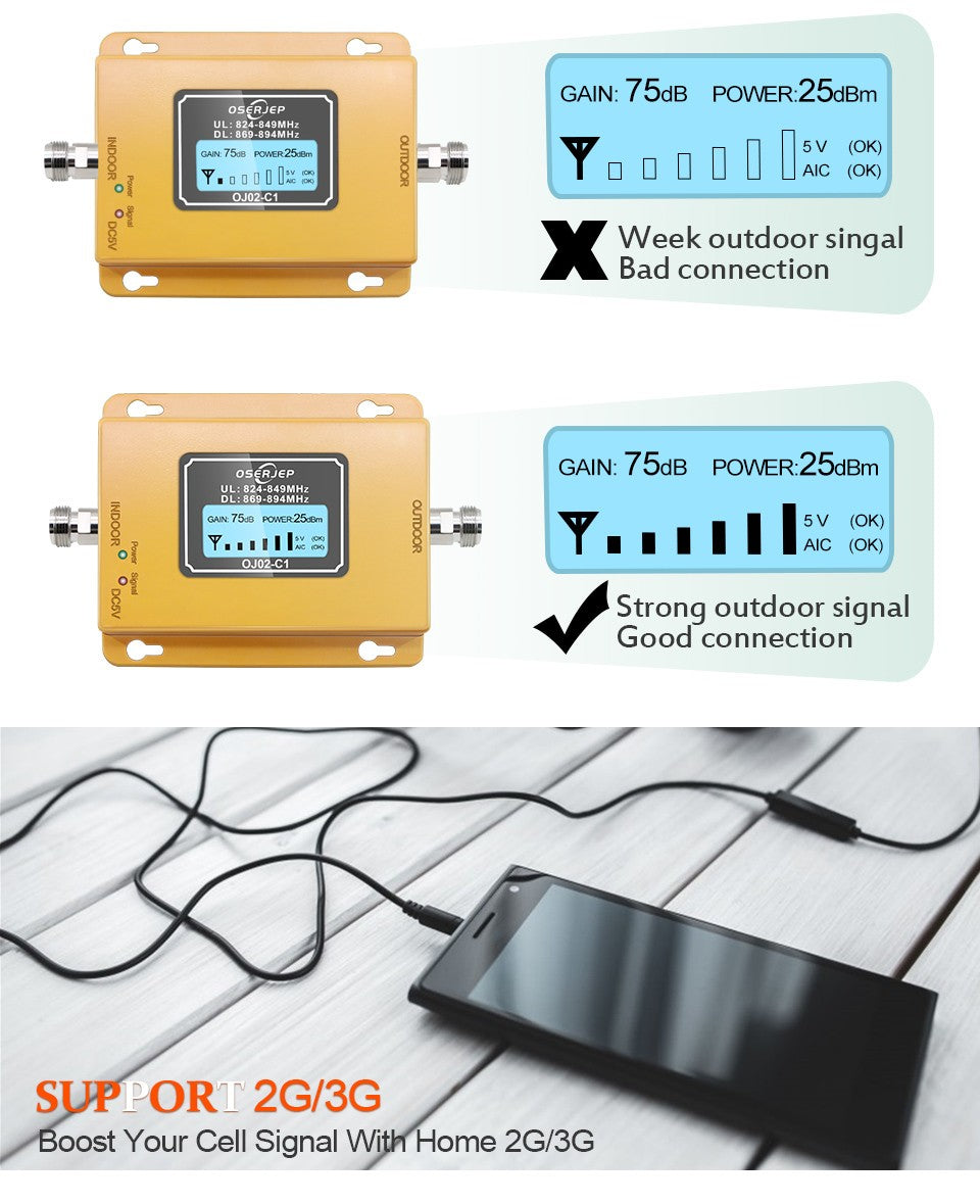 Repetidor 850 MHz Band5 70dB LCD 2G 3G 4G 850mhz UMTS GSM CDMA repetidor de señal de teléfono móvil amplificador celular