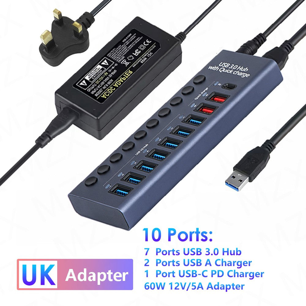 USB 3,0 Hub Socket Switch 4 6 10 puertos concentrador multi-tap multipuerto estación de acoplamiento cargador fuente de alimentación múltiple tipo C