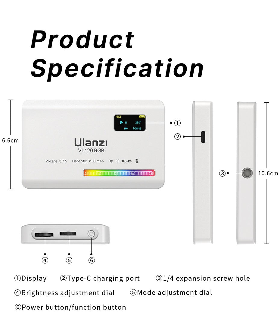Ulanzi VL120 luz de vídeo blanca RGB a todo Color 2500K-9000K luz LED de fotografía luz de cámara regulable luz de relleno Vlog en vivo