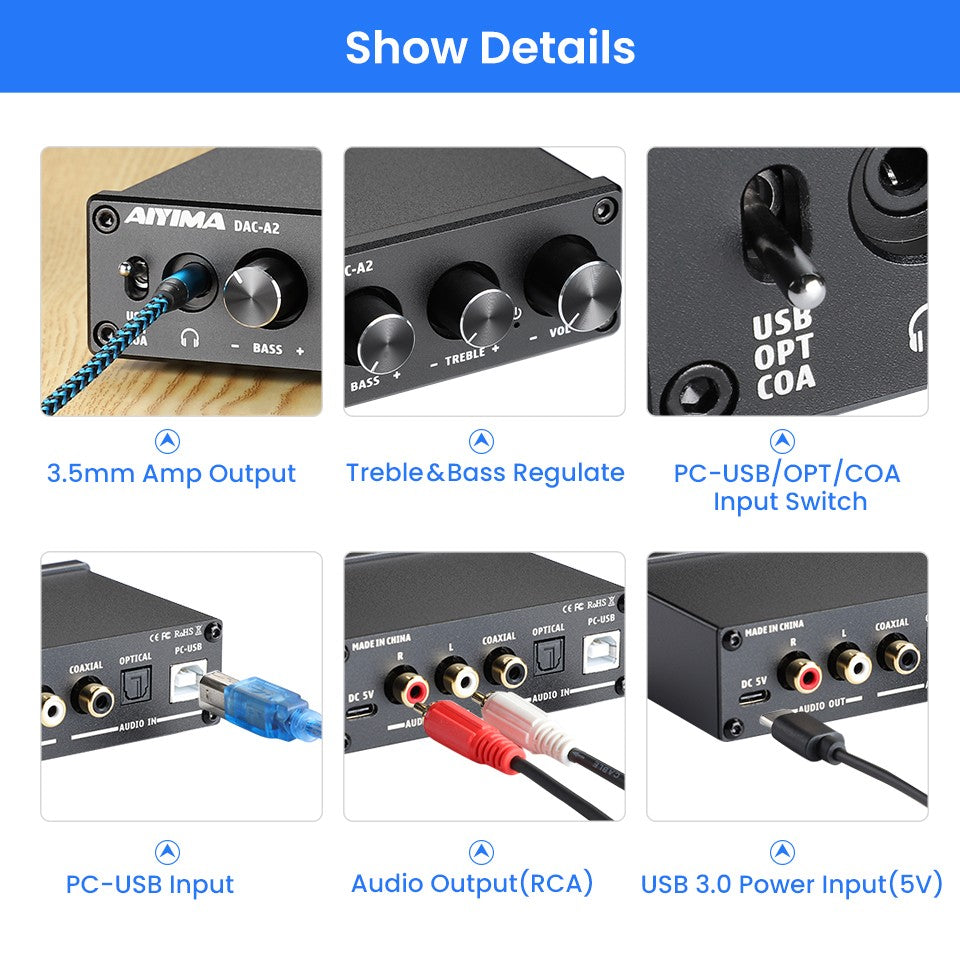 Decodificador de Audio HiFi AIYIMA DAC-A2, Amplificador de Auriculares USB, Salida Óptica Coaxial, DAC Estéreo para Juegos, para Amplificador y Altavoces Activos