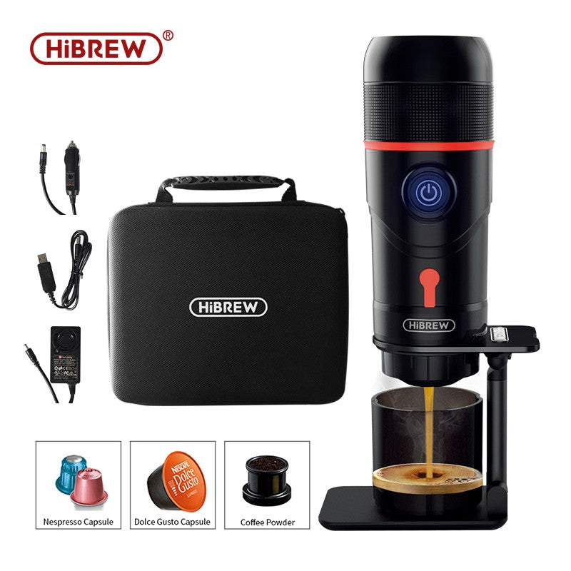 HiBREW Máquina de Café Portátil para Coche y Hogar, Cafetera de Expreso, Compatible con Cápsulas Dolce Nespresso y Café Molido, CC de 12 V, Dispositivo H4