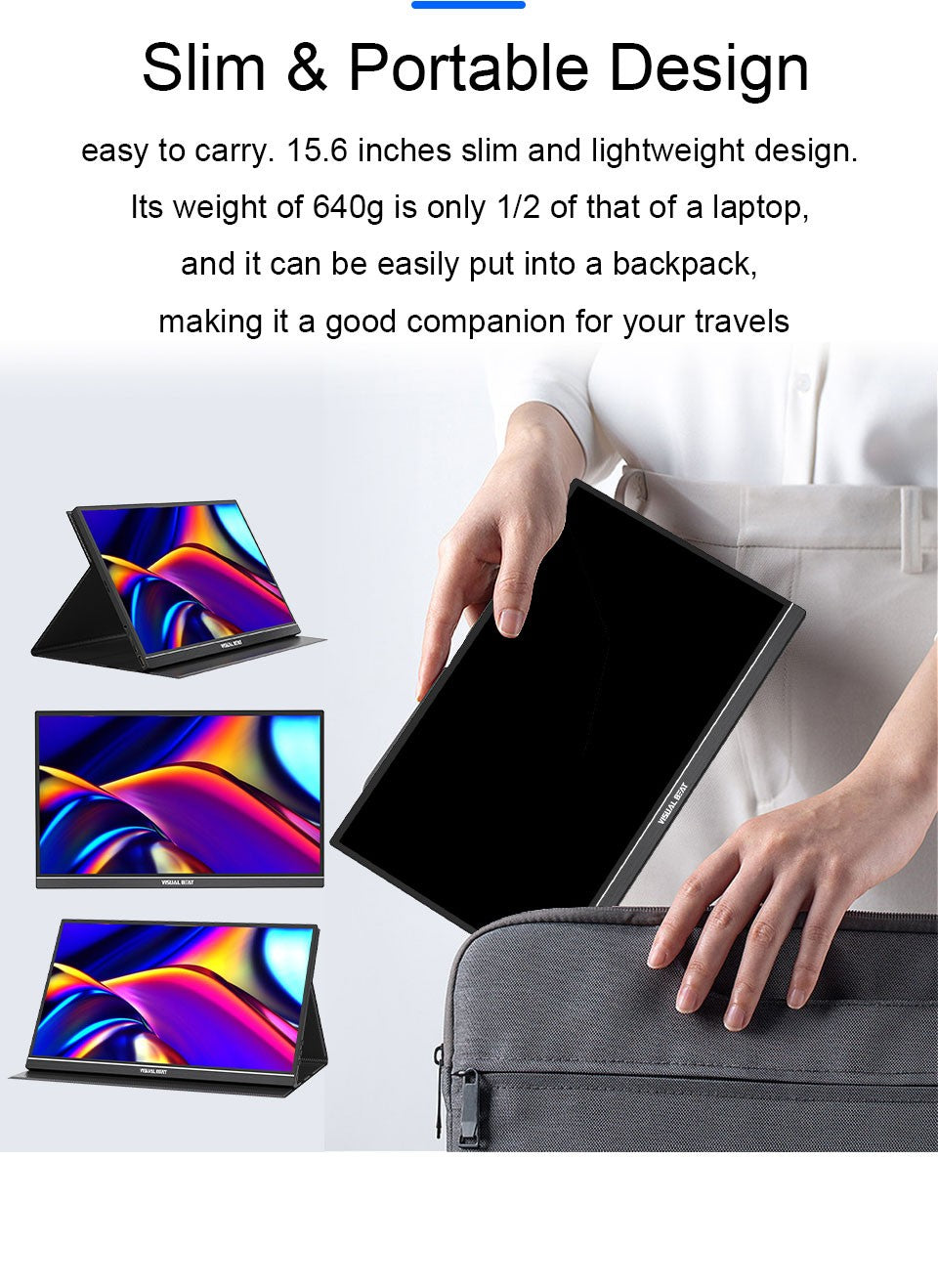 VISUALBEAT Monitor Portátil con Pantalla Táctil de 15.6'', FHD 1080P IPS HDR, con USB-C y HDMI, para Laptop, PC, Mac, Consola, Oficina y Viajes