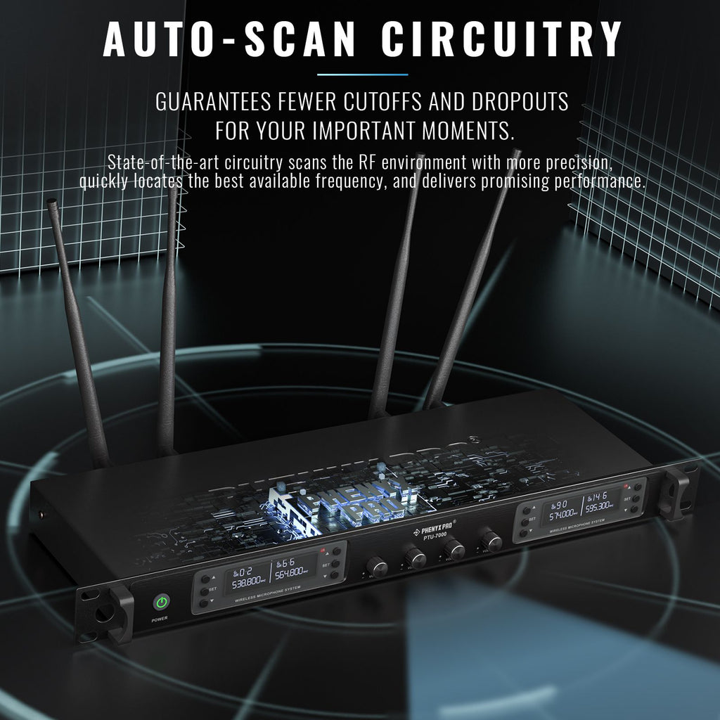 Phenyx Pro UHF sistema con micrófono inalámbrico PTU-7000 con 4x40 canales micrófonos de mano escaneo automático frecuencia seleccionable para Iglesia