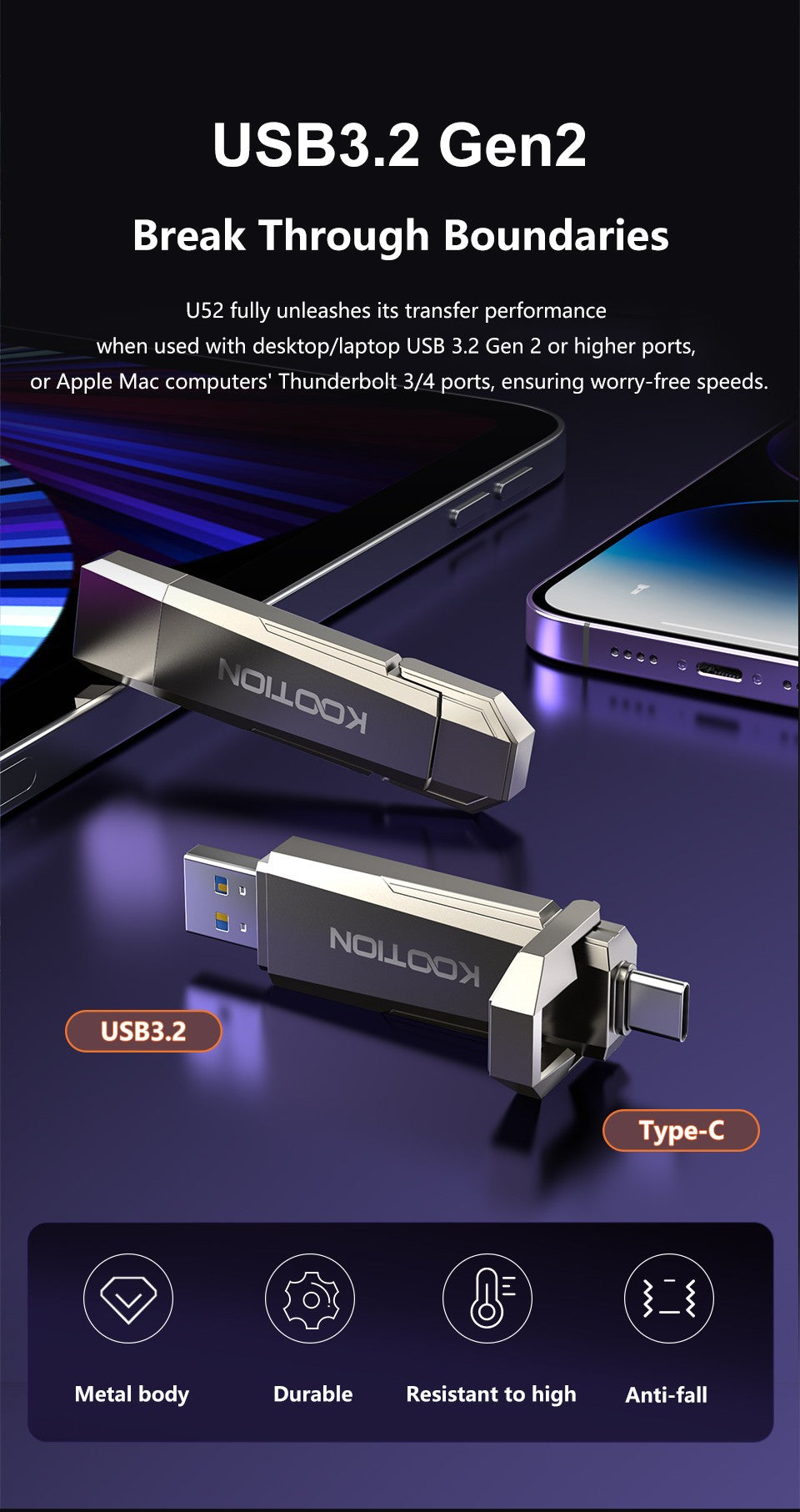 KOOTION U52 unidad de bolígrafo portátil de estado sólido USB 3,2 Gen 2 tipo C unidad Flash 1TB 512GB 256GB Pendrive SSD externo para PC iPhone