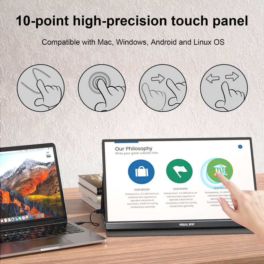 VISUALBEAT Monitor Portátil con Pantalla Táctil de 15.6'', FHD 1080P IPS HDR, con USB-C y HDMI, para Laptop, PC, Mac, Consola, Oficina y Viajes