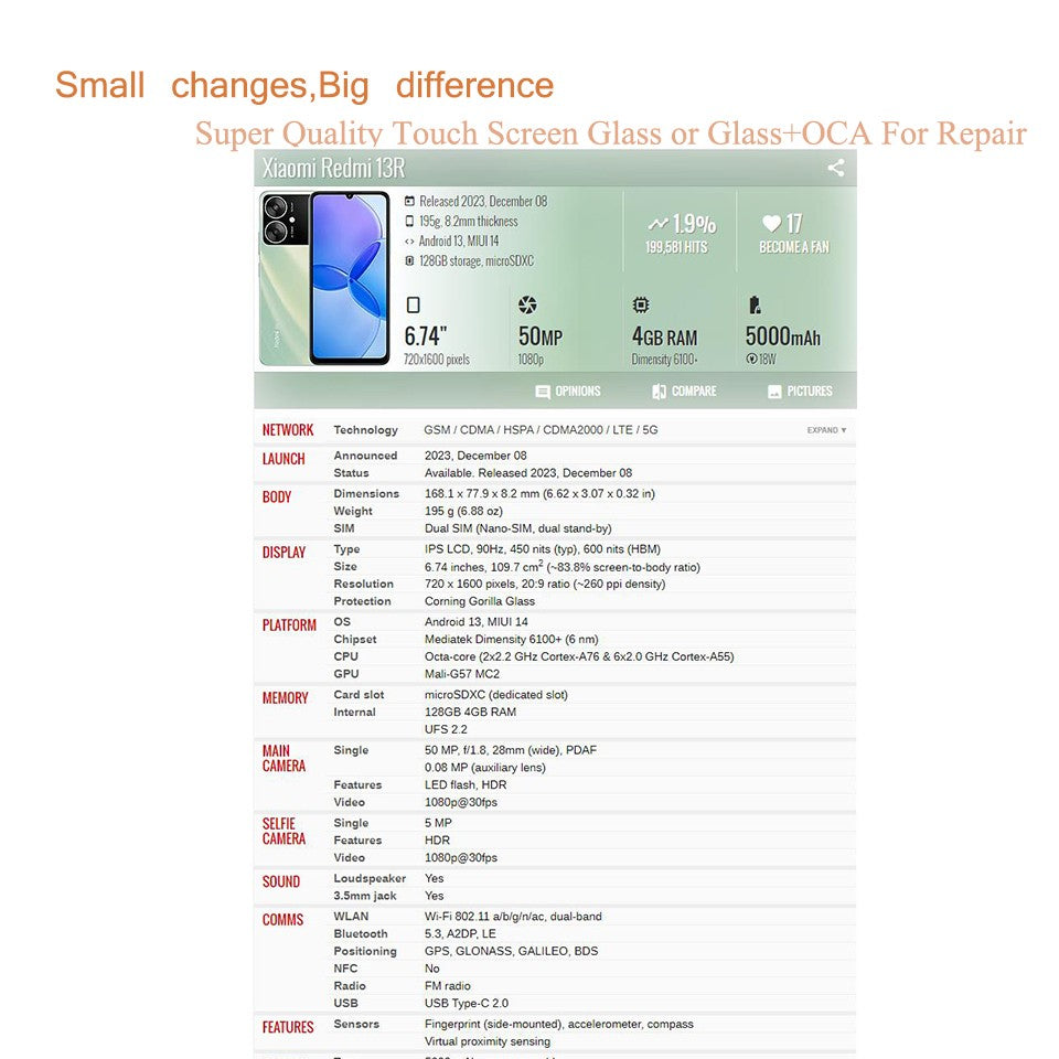 Lote de 10 Piezas para Xiaomi Redmi Note 13 Pro 4G 13 13R 13C 5G 14C 14R, Panel de Pantalla Táctil, Cristal Exterior Frontal con OCA
