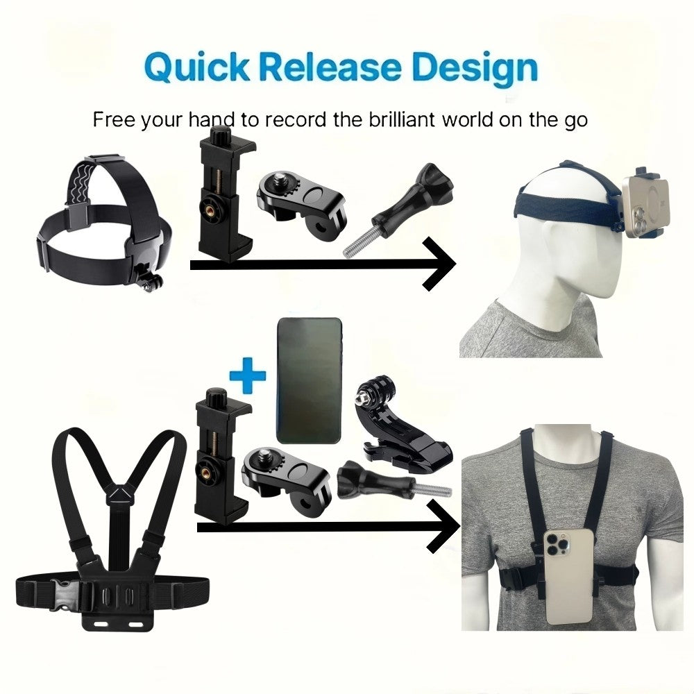 Kit de cámara de acción todo en uno, 6 uds., correa para la cabeza, soporte para correa para el pecho, ajustable para teléfono GoPro, Osmo, estabilidad mejorada, versatilidad