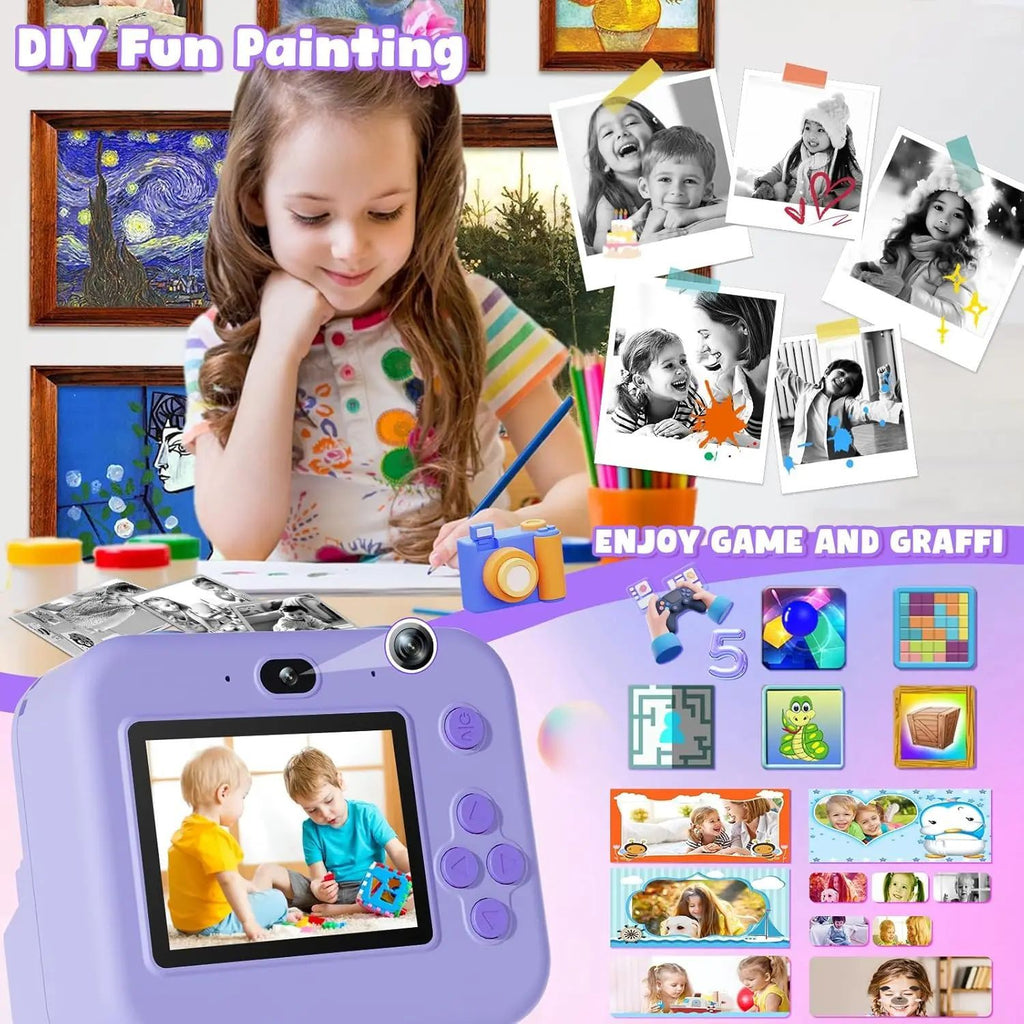 Mini cámara de vídeo digital para niños con impresión térmica y estabilización de imágenes múltiples, tarjeta de 32 GB incluida