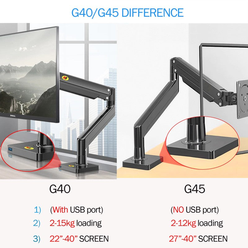 Soporte de monitor de escritorio con brazo de resorte de gas NB G40 G45 para pantallas de 22-40 pulgadas, rotación de 360°, 3-12 kg, 3-15 kg.