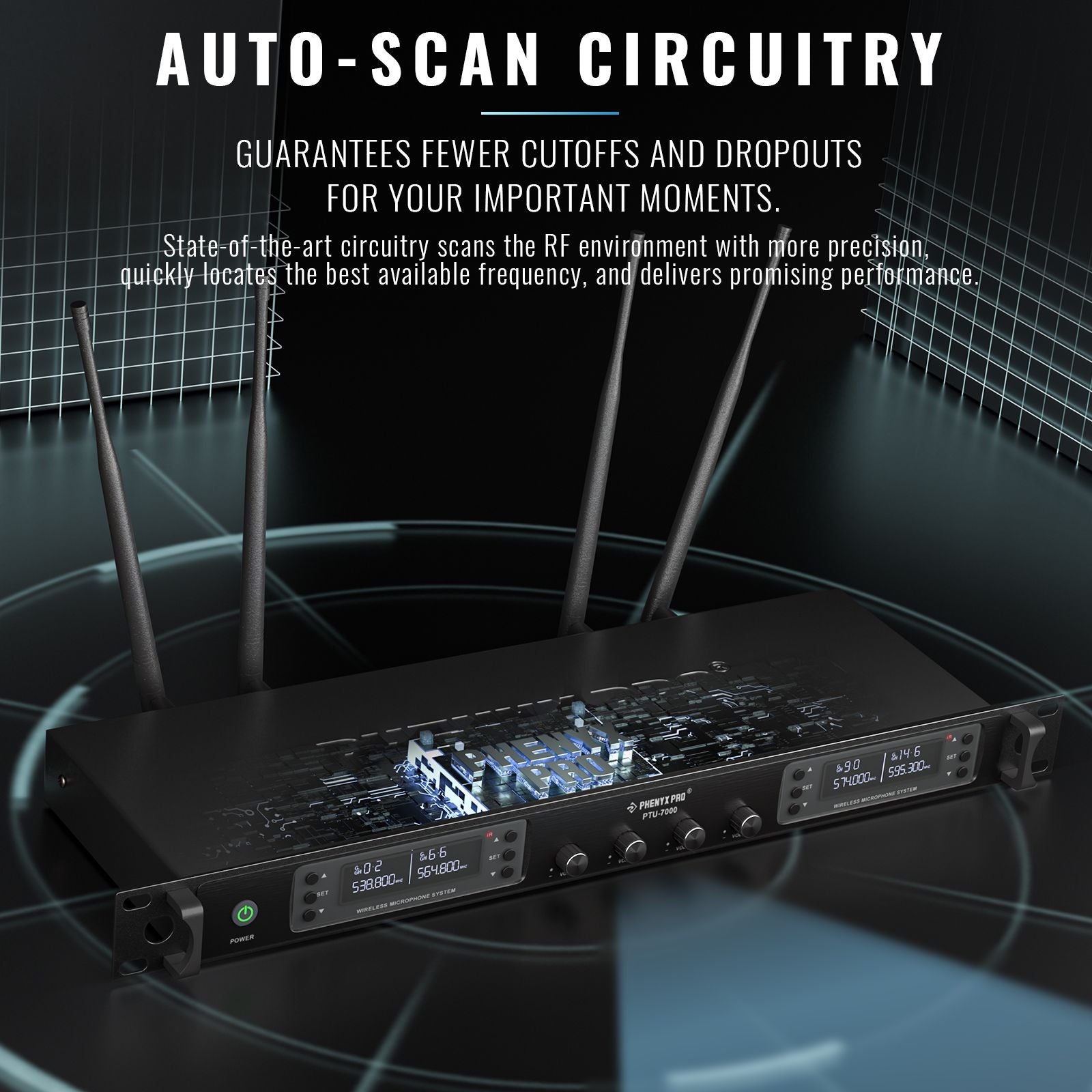 Micrófono inalámbrico profesional UHF Phenyx Pro 4 canales escaneo automático frecuencia seleccionable Metal 100M para cantar Iglesia PTU7000