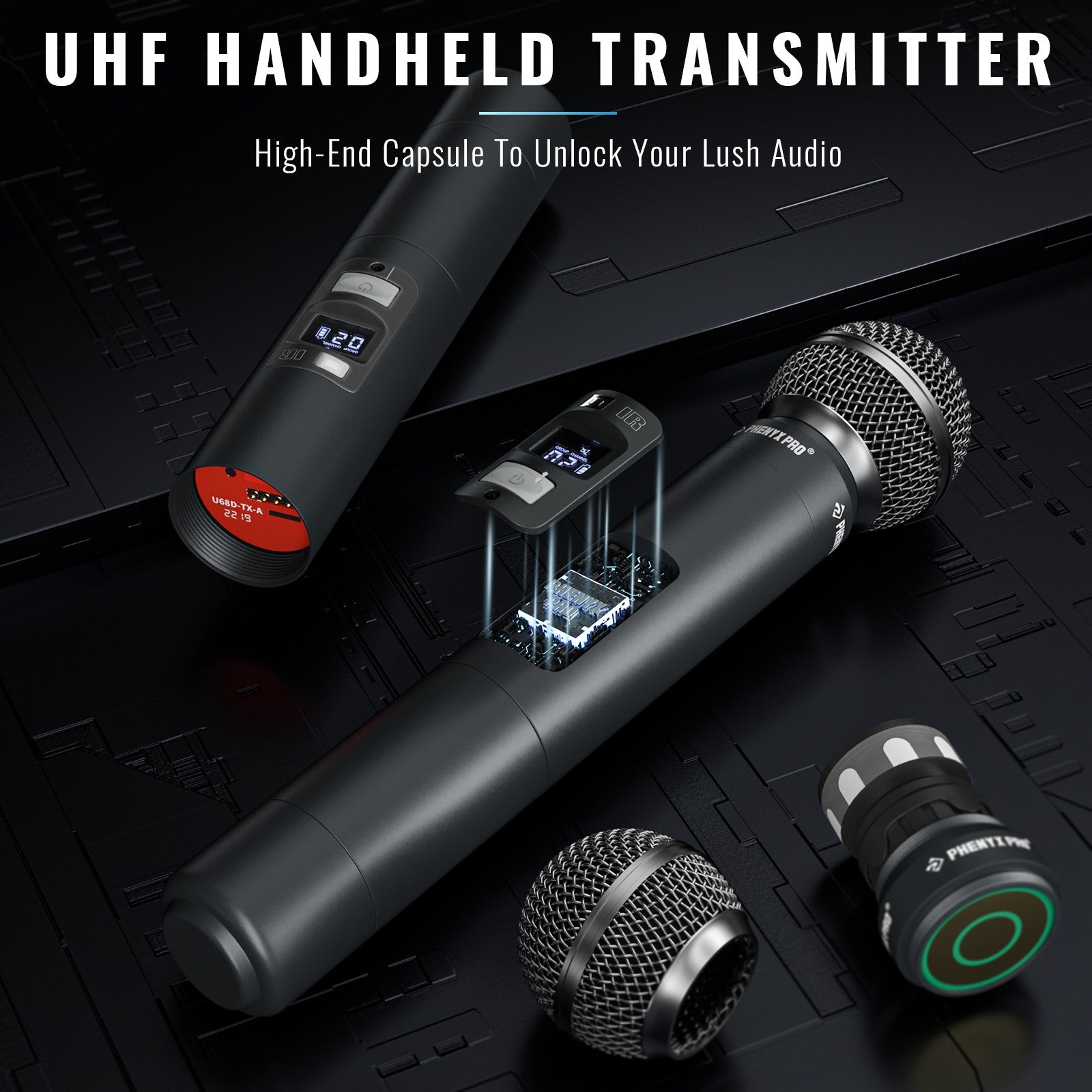 Micrófono inalámbrico profesional UHF Phenyx Pro 4 canales escaneo automático frecuencia seleccionable Metal 100M para cantar Iglesia PTU7000