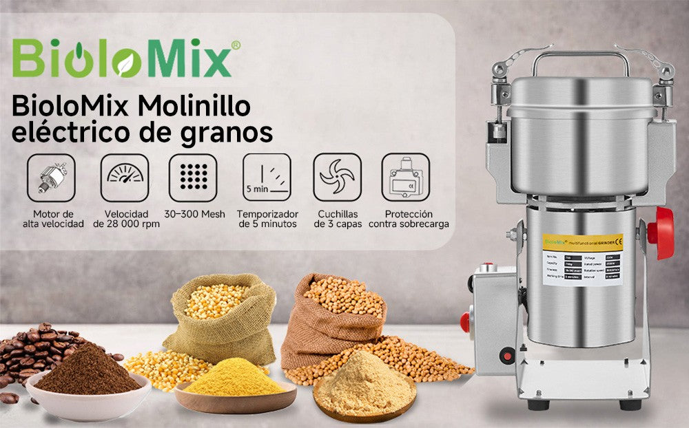 BioloMix 800g 700g Molino triturador de granos, especias, hierbas, cereales, café y alimentos secos, máquina de molienda, molino de harina, trituradora de polvo
