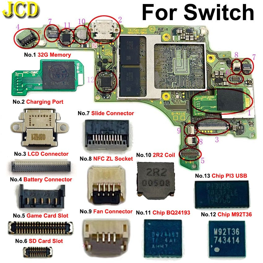 Chip de placa base, puerto de carga tipo C, memoria de 32G, bobina 2R2, ranura para tarjeta deslizante, batería, enchufe ZL, conector FPC de pantalla LCD para interruptor