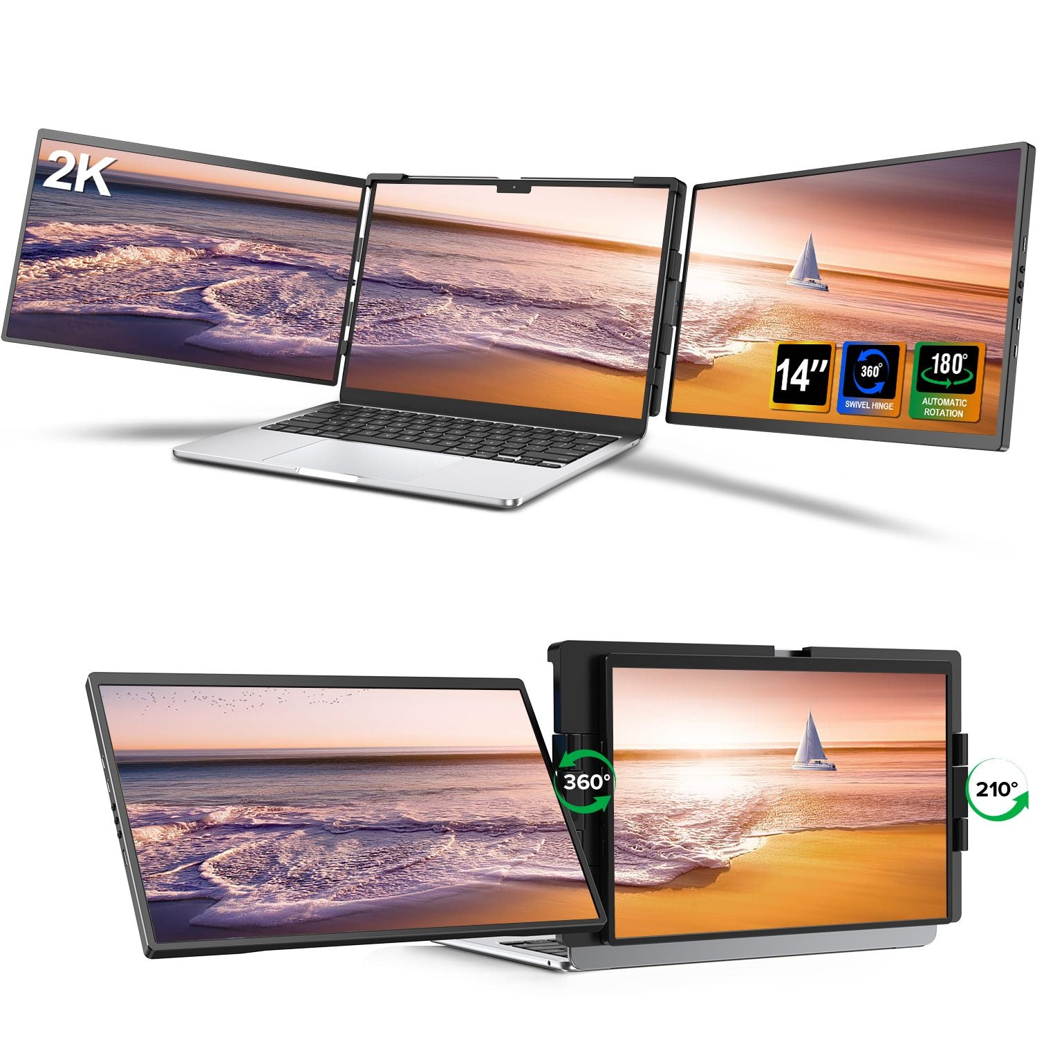 Extensor de pantalla triple EVICIV Swivel 2K de 14" para computadora portátil, bisagra giratoria única de 360° con rotación automática de 180°, monitor portátil QHD de 2240*1400 para computadora portátil de 13" a 17"