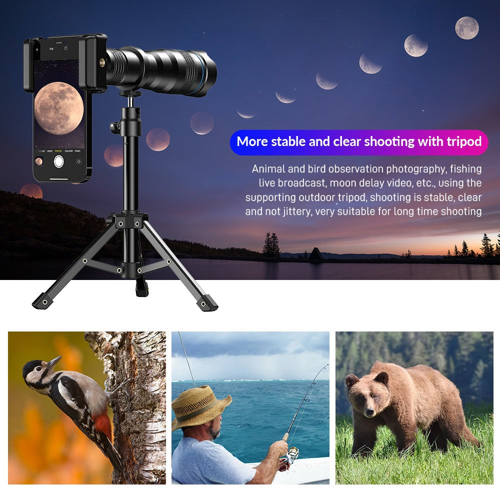 APEXEL-teleobjetivo de Metal 36X con trípode, telescopio Universal con Clip, para teléfonos inteligentes iPhone, Samsung, Camping y senderismo