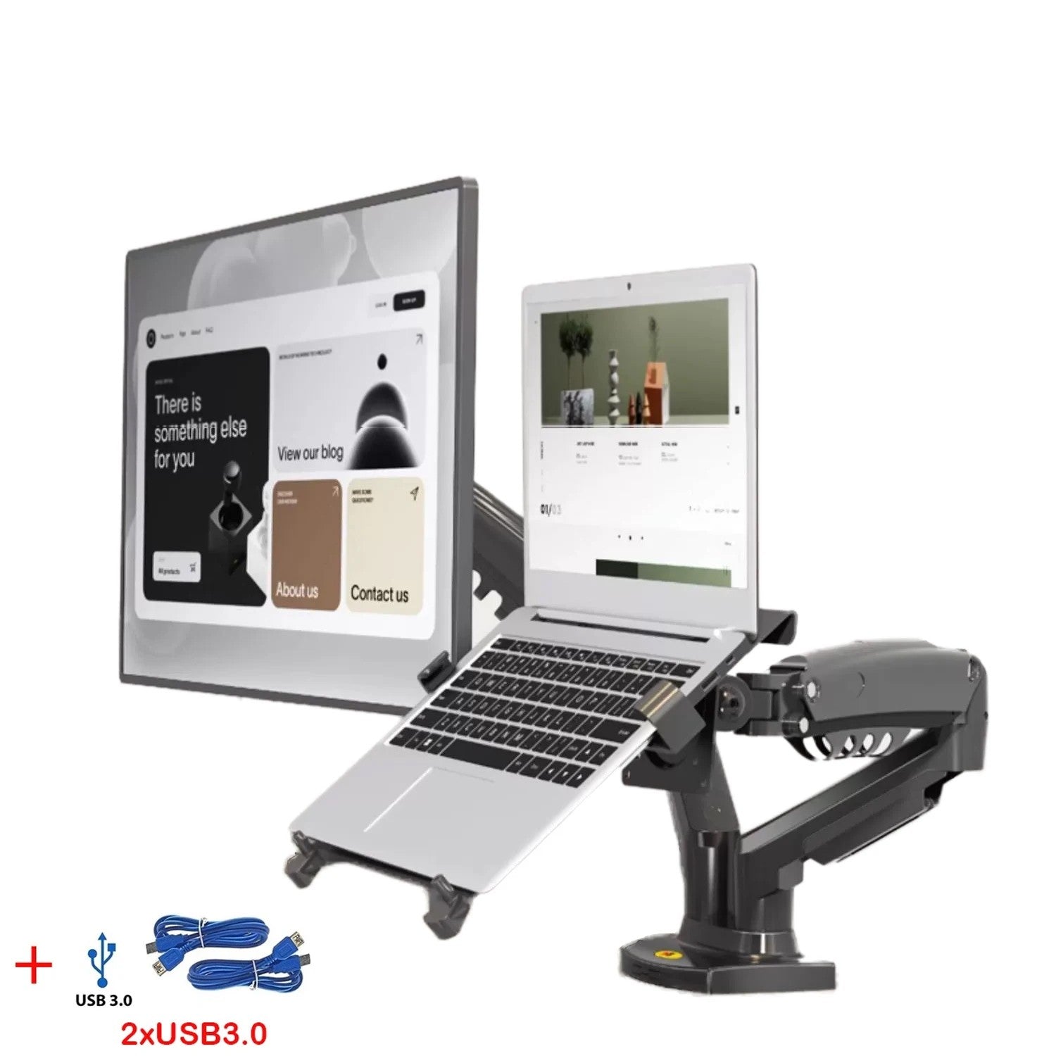 Soporte para Laptop con Doble Monitor y USB 3.0 NB F160-FP, Brazo Doble con Resorte de Gas para Monitores de 17'-27' + Soporte para Laptop de 10'-17'
