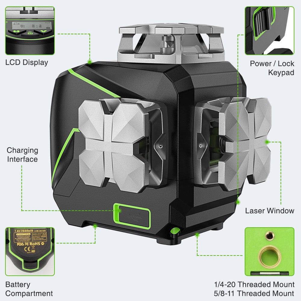 Huepar S03CG Set nivel láser de línea cruzada 3D Bluetooth y control remoto 12 líneas láser de haz verde Osram con receptor trípode telémetro