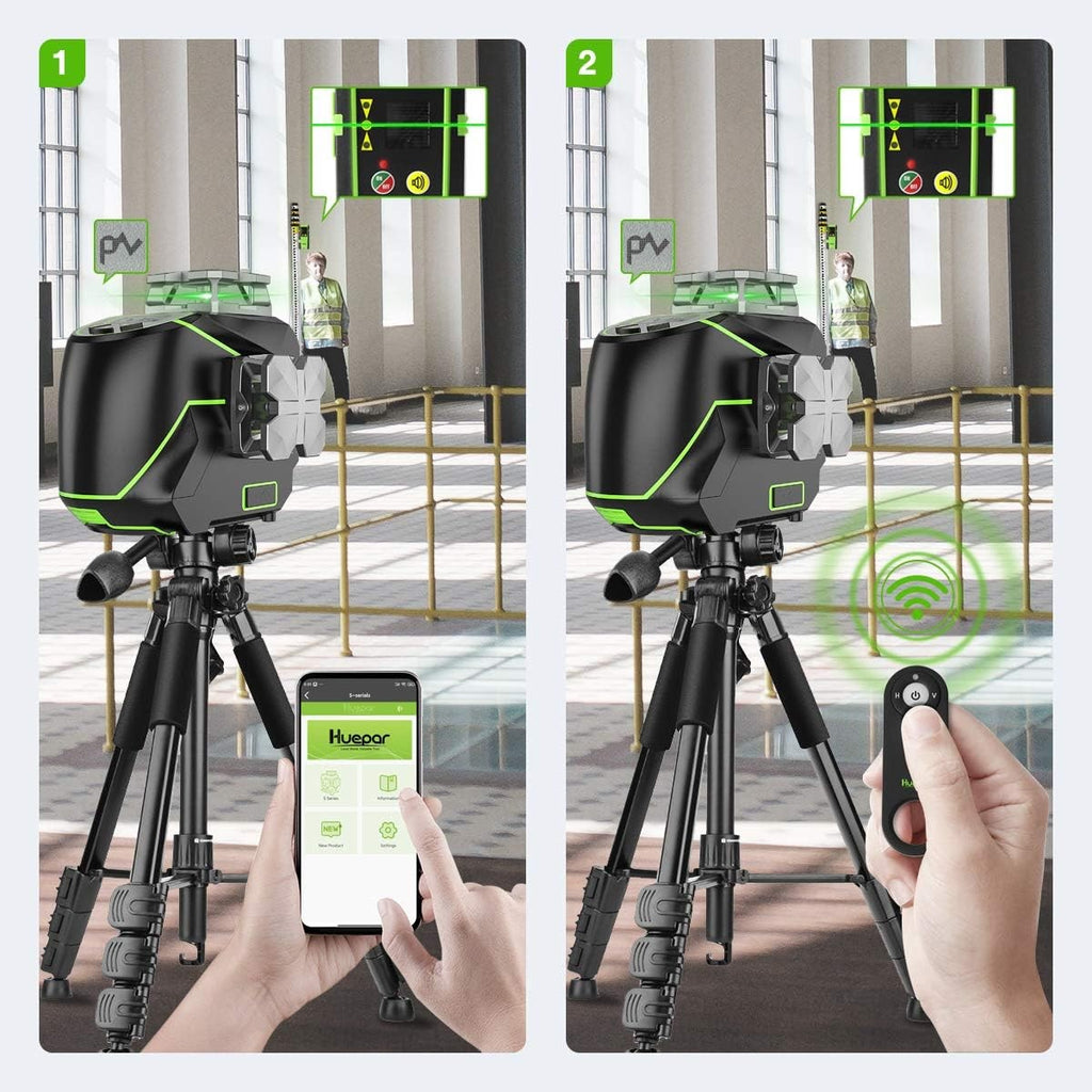 Huepar S03CG Set nivel láser de línea cruzada 3D Bluetooth y control remoto 12 líneas láser de haz verde Osram con receptor trípode telémetro