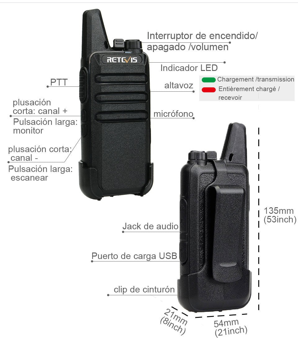 Retevis RT622 Mini Walkie Talkie 2 unidades PMR446 Radio portátil bidireccional con PTT Ideal para restaurantes y hoteles
