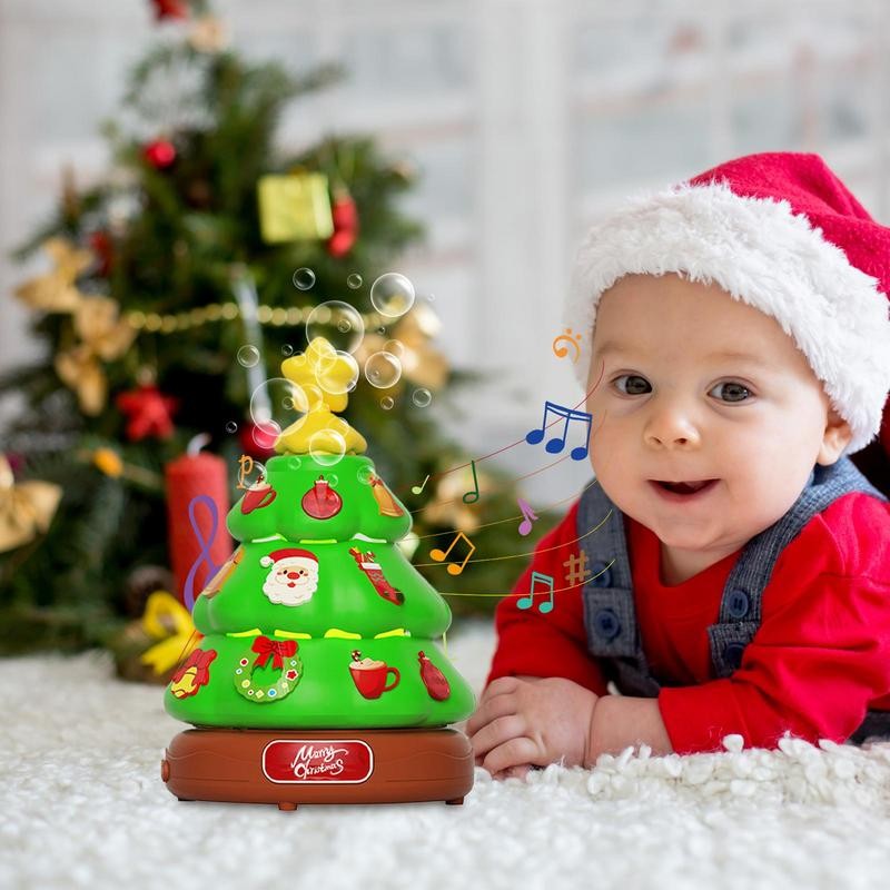 Caja de música para árbol de Navidad, máquina de burbujas de juguete con luces, música navideña, decoración para niños