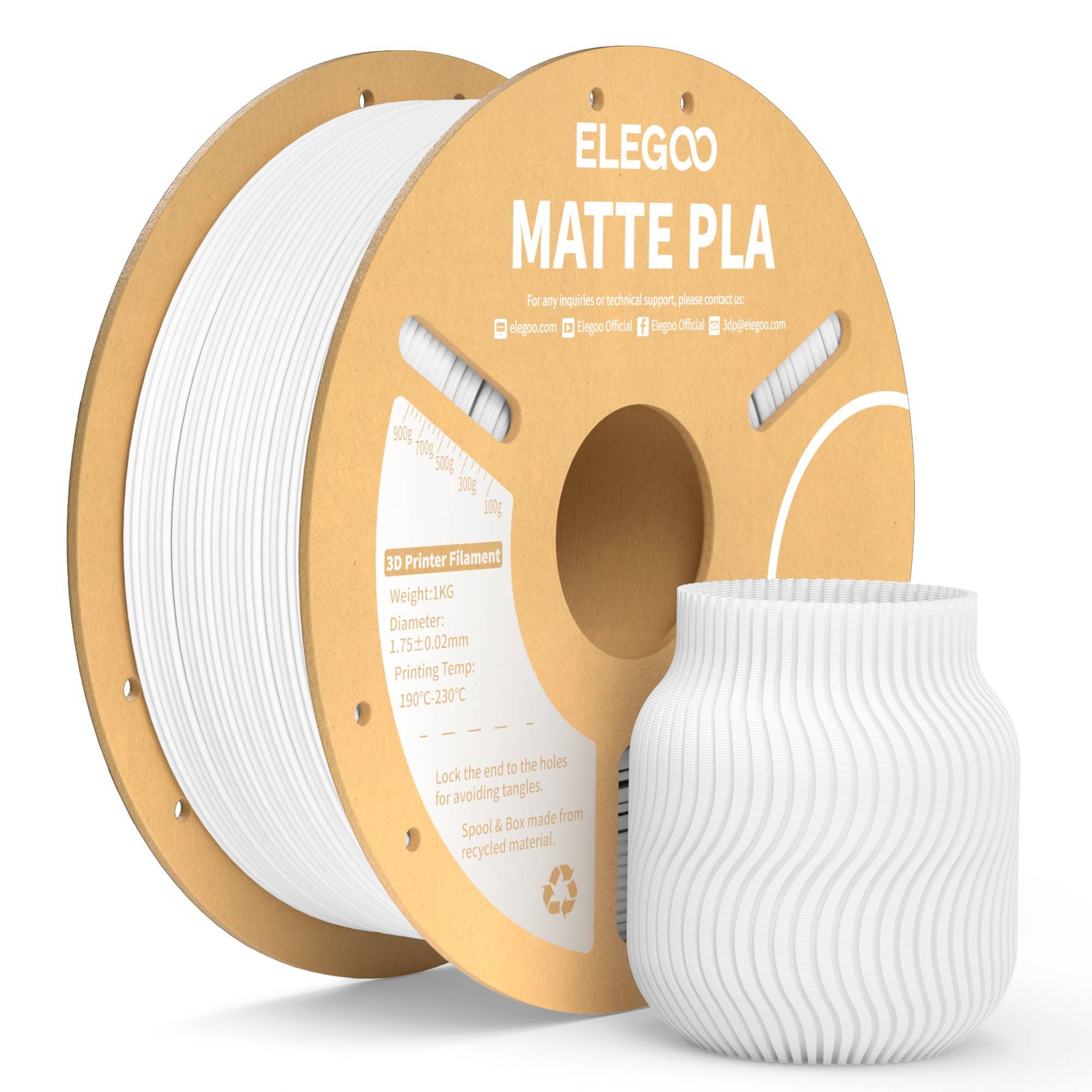 Filamento PLA Mate ELEGOO 1KG, 1.75mm para Impresora 3D FDM, Precisión Dimensional +/- 0.02mm, Bobina de Cartón de 1kg (2.2lbs)
