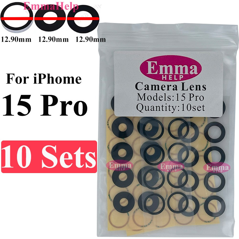 EmmaHelp Juego de 10 cristales de repuesto para cámara trasera de iPhone 15 14 13 XR X XS SE 7 8 11 12 Pro Max, cubierta de lente de cámara trasera, adhesivo de repuesto A+