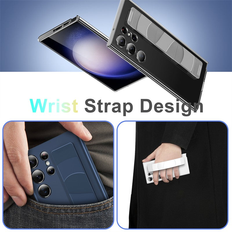 Funda de silicona elástica de lujo con correa para la muñeca para Samsung Galaxy S25Edge S24 S23 Ultra Plus, cubierta fina transparente mate para PC dura a prueba de golpes
