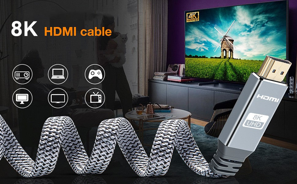 Cable plano HDMI 8K 48Gbps de alta velocidad 8K60 4K120 144Hz Cable trenzado HDMI 2,1 3D eARC HDCP 2,2 y 2,3 Compatible con Roku TV/PS5