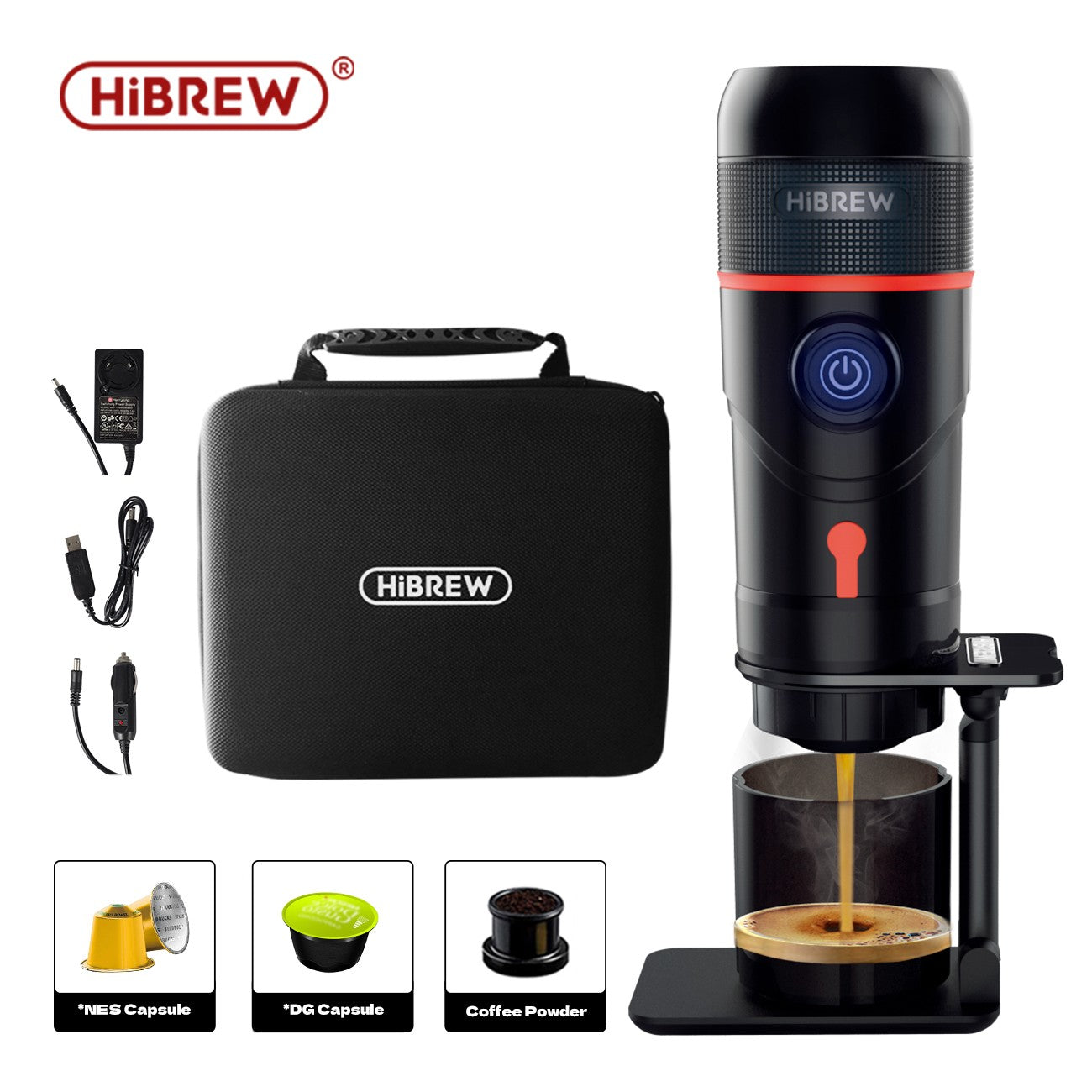 HiBREW Máquina de Café Portátil para Coche y Hogar, Cafetera de Expreso, Compatible con Cápsulas Dolce Nespresso y Café Molido, CC de 12 V, Dispositivo H4