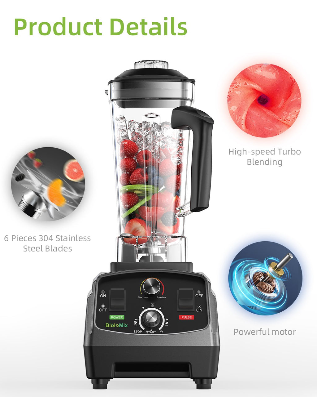 BioloMix-batidora con temporizador de alta resistencia, 3HP, 2200W, exprimidor, procesador de alimentos y frutas, batidos de hielo, sin BPA, tarro de 2L