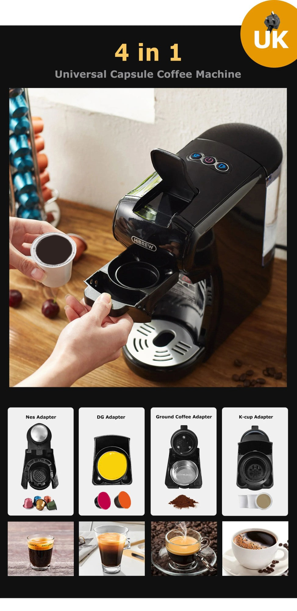 Máquina de café HiBREW 19 Bar 4 en 1, Cápsula múltiple caliente y fría, Cafetera Espresso, Cafetera de cápsulas Dolce Milk Nexpresso en polvo H1A