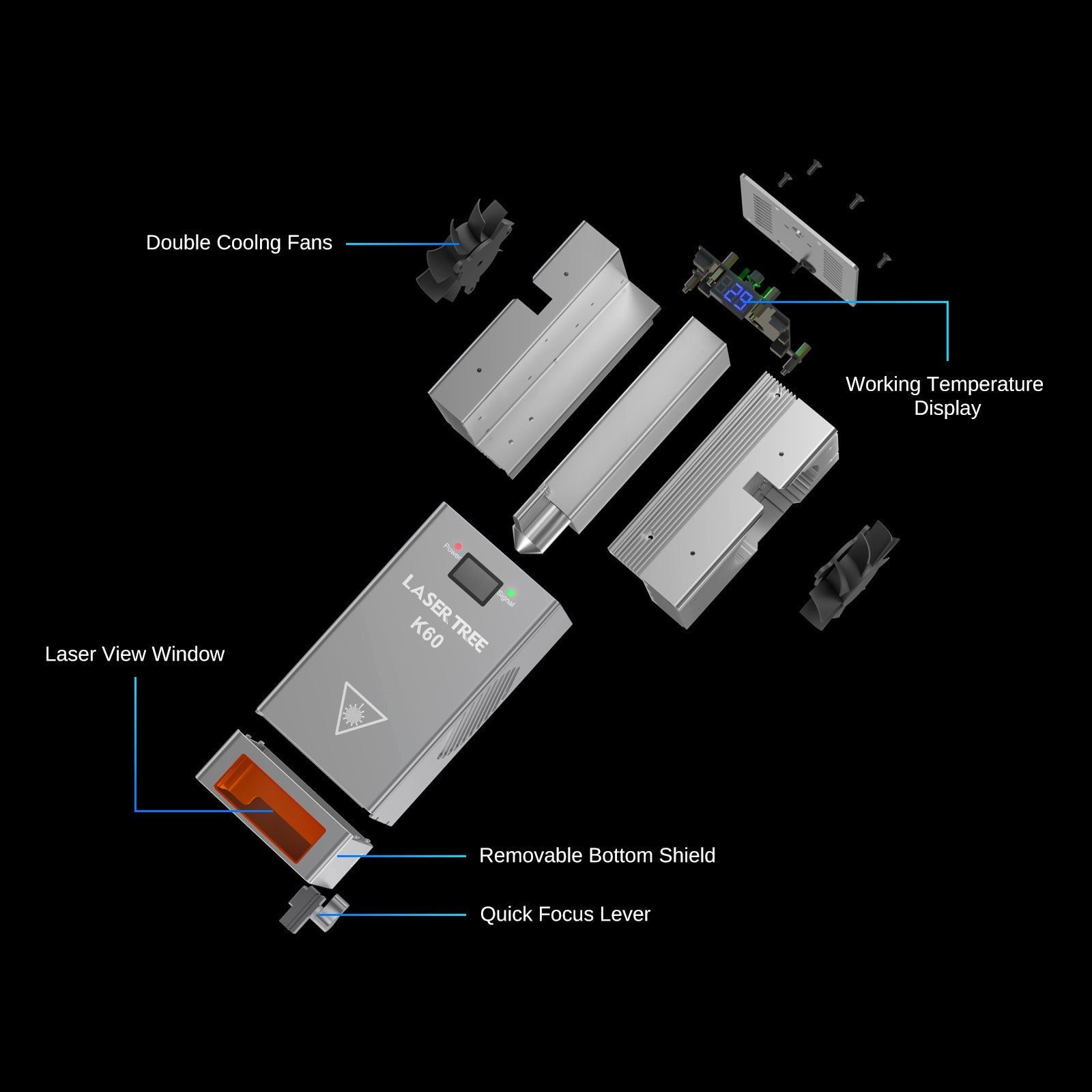 Árbol láser K60 de potencia óptica, cabezal láser de 60W, módulo de potencia ajustable de 20W/40W para grabado láser CNC, herramientas de corte de carpintería DIY
