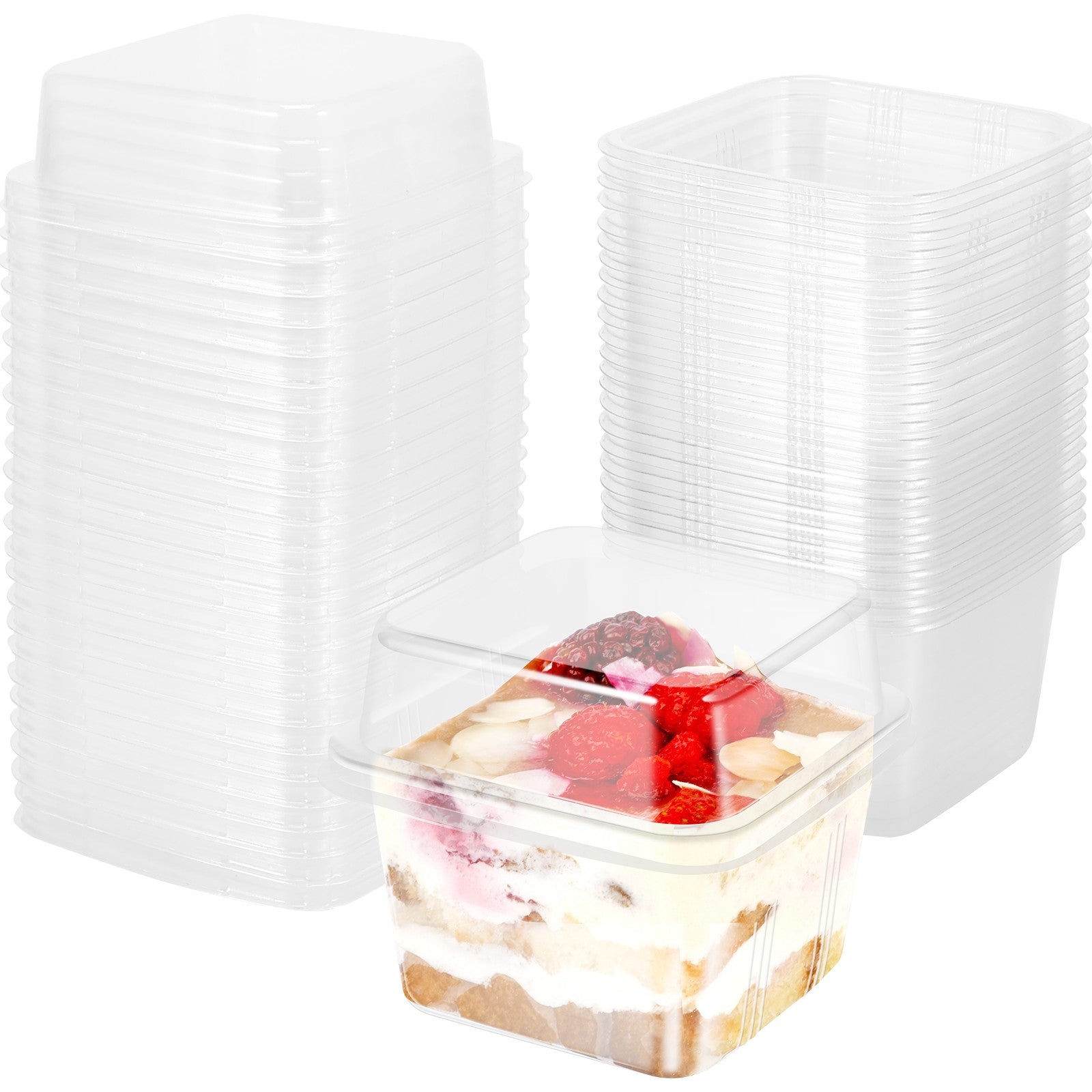 100 Uds. Tazas de postre multiusos con tapas contenedor de magdalenas reutilizable de 8oz caja de postre individual cuadrada transparente caja de almacenamiento de pasteles sellada
