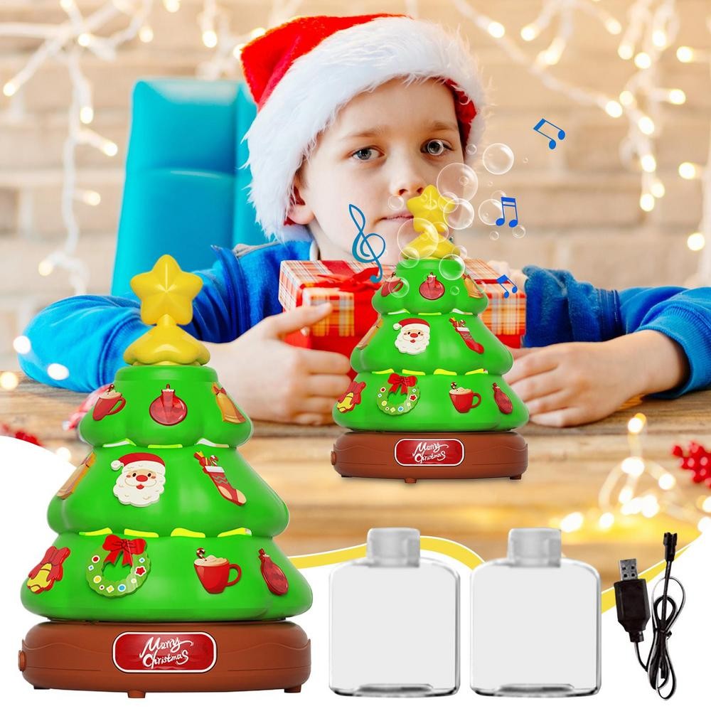Caja de música para árbol de Navidad, máquina de burbujas de juguete con luces, música navideña, decoración para niños
