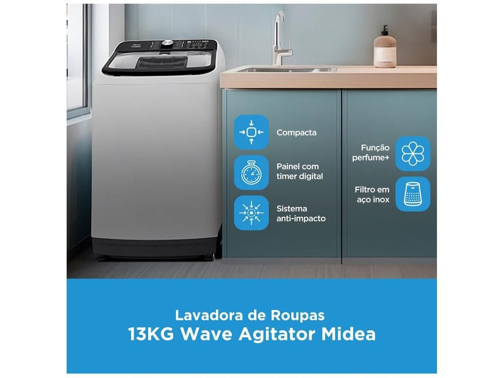 Lavadora Midea de 13 kg con Tambor de Acero Inoxidable, 13 Programas de Lavado, Agitador White Wave – 110V