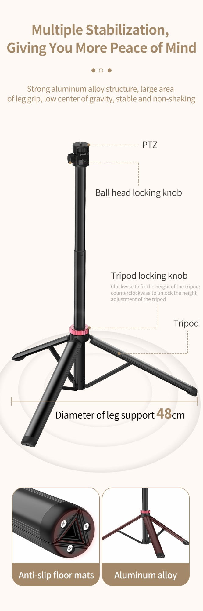 Trípode extensible Ulanzi MT-79 con tornillo de 1/4 pulgadas para cámara DSLR, trípode de micrófono con luz de relleno para teléfono inteligente