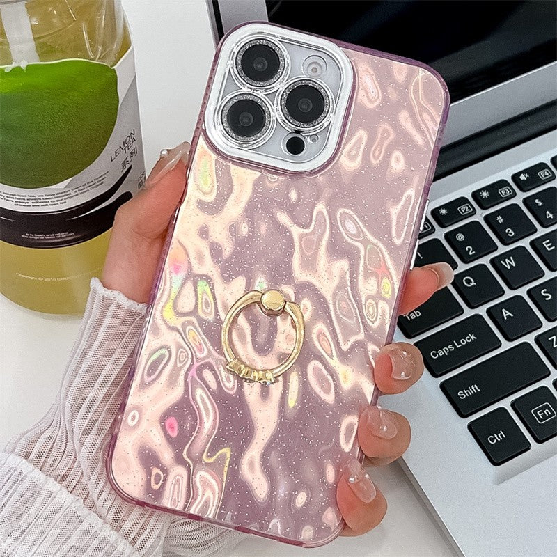Funda de teléfono con soporte de anillo de aluminio plegable para iphone 16 Plus, 15, 14, 13 Pro Max, protección de cámara con purpurina a prueba de golpes, cubierta trasera de PC dura