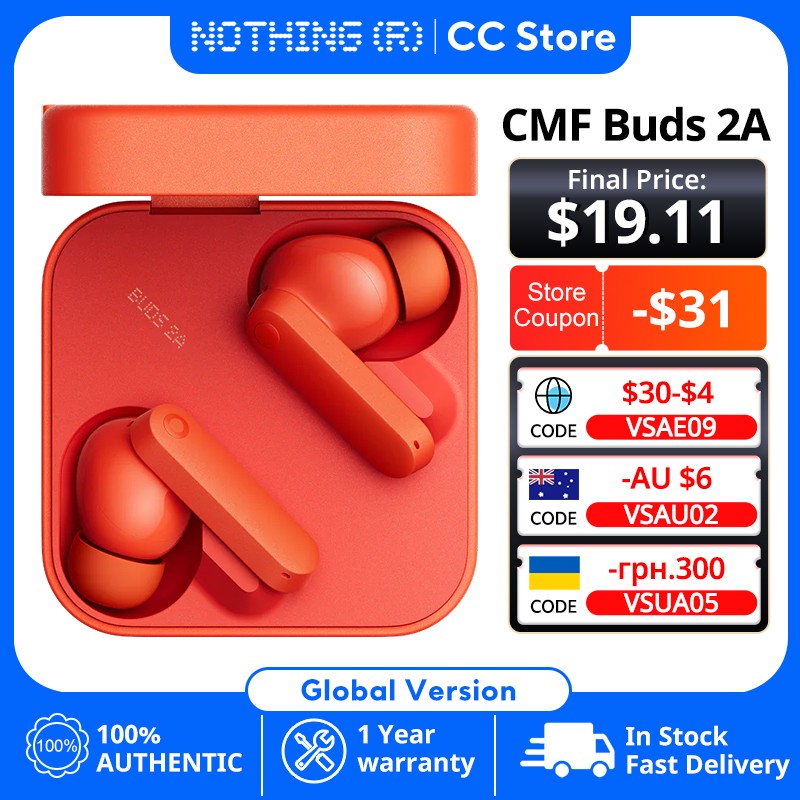 Versión Global CMF by Nothing Buds 2A Auriculares Inalámbricos Intrauditivos con Controlador de 12.4mm, ANC de 42dB, 4 Micrófonos HD, Batería de Larga Duración, Baja Latencia, Bluetooth 5.4