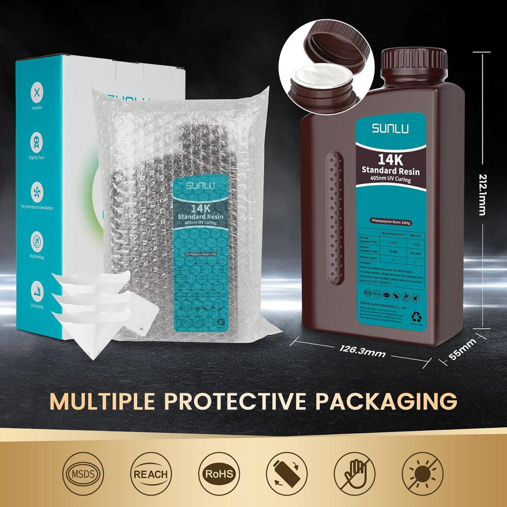 Resina SUNLU 5KG Standard Plus/14K, 1KG/Botella, Resina Fotopolímera de Curado Rápido UV de 405nm para Impresora 3D LCD