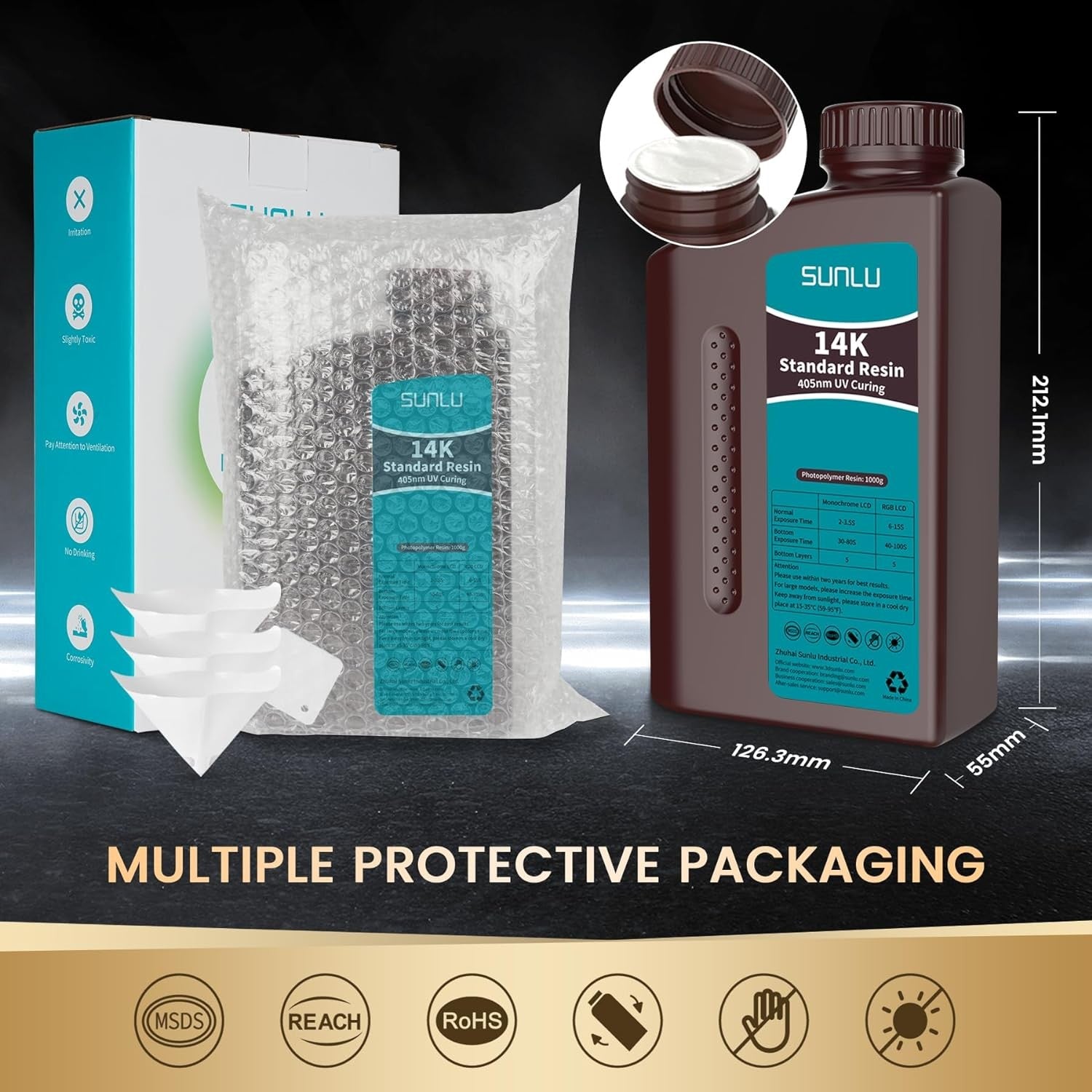 Resina SUNLU 5KG Standard Plus/14K, 1KG/Botella, Resina Fotopolímera de Curado Rápido UV de 405nm para Impresora 3D LCD