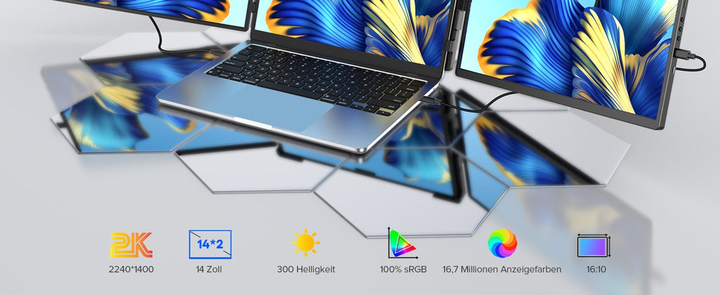 Extensor de pantalla para computadora portátil EVICIV 2K de 14" QHD 1440P, monitor triple portátil con rotación automática de 180° para Wins, Mac, Dex, Chrome, viajes, trabajo