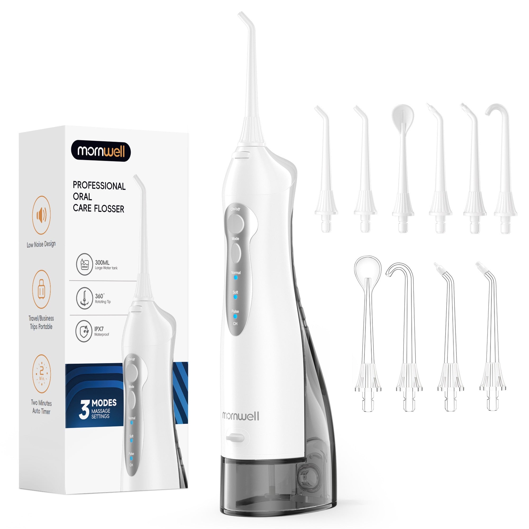 Irrigador Bucal Mornwell con 6 Boquillas y 3 Modos, Irrigador Dental Inalámbrico Portátil D52, Limpiador de Dientes con Resistencia al Agua IPX7