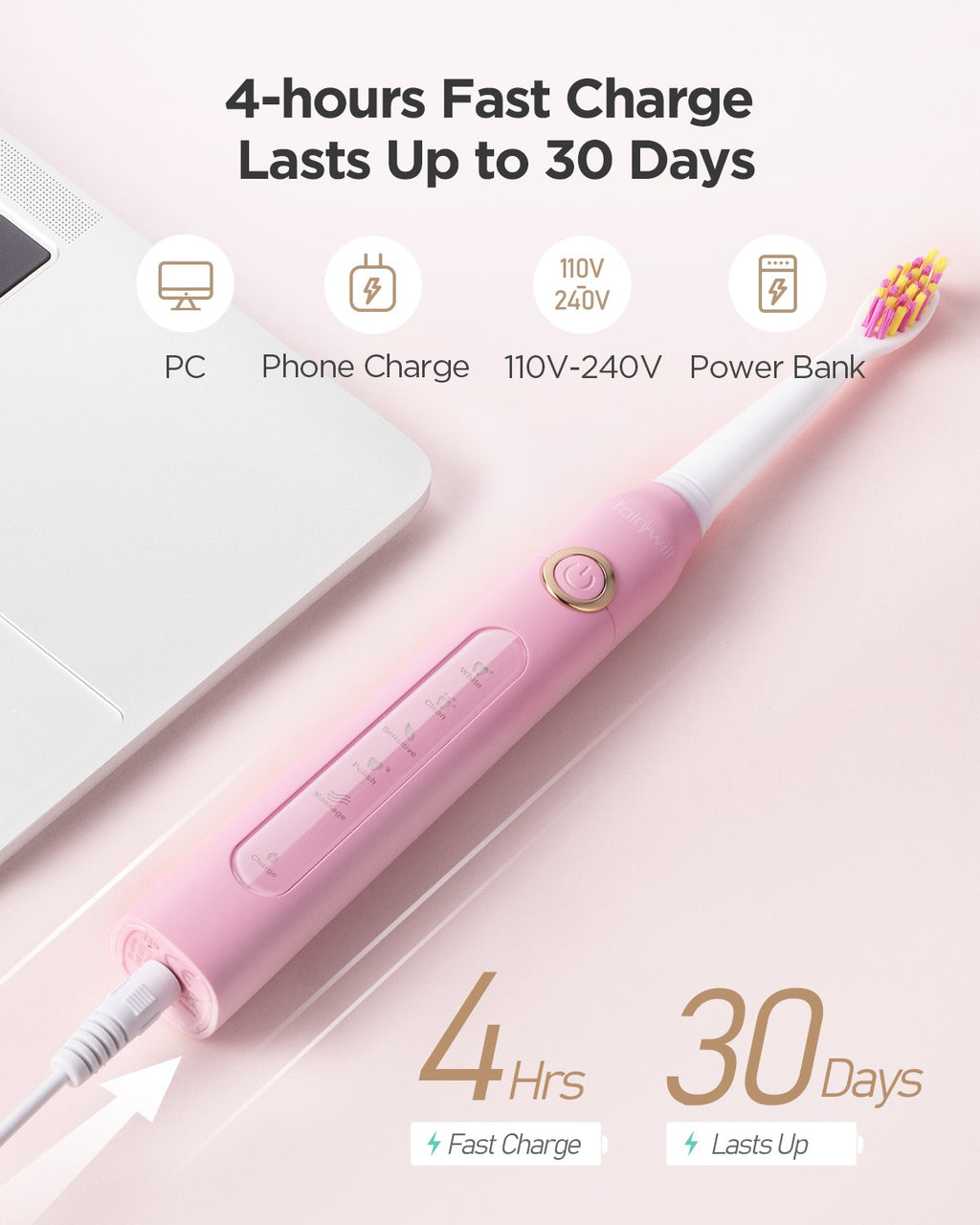 Fairywill-cepillo de dientes eléctrico FW-507, dispositivo con 5 modos, Cargador USB, temporizador de repuesto, 8 cabezales