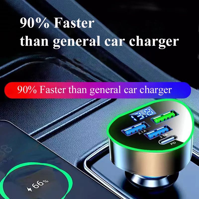 Cargador de teléfono para coche UYUXIO USB C carga súper rápida en el coche con pantalla LED de voltaje para iPhone Samsung Huawei Oneplus teléfono Android