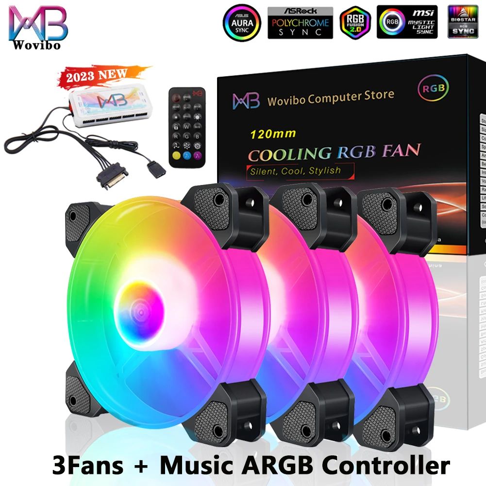 Wovibo-Ventilador de refrigeración RGB de 120mm, enfriador silencioso de 6 pines para PC, carcasa de ordenador, chasis, ajuste de bricolaje, 5V Aura Sync Music